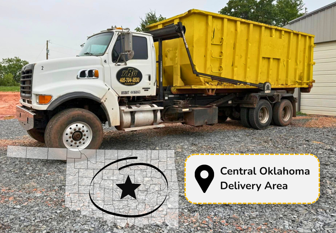 Tecumseh Rolloff Services Dump truck parked in gravel driveway. Has Oklahoma map overlay with "Central Oklahoma Delivery Area" map pin.